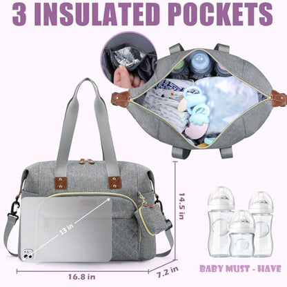 Tuwubi Diaper Bag Tote,Baby Diaper Bag with Pacifier Case - color: Light Grey, size: Large