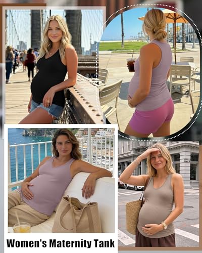 3 Pack Maternity Tank Tops Ribbed V Neck - color: Gray Purple, Khaki, Black, size: Small