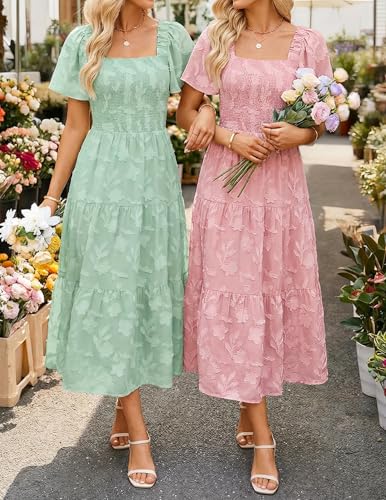 ZESICA Womens 2026 Summer Boho Wedding Guest Midi Dresses - color: Pink, size: X-Large