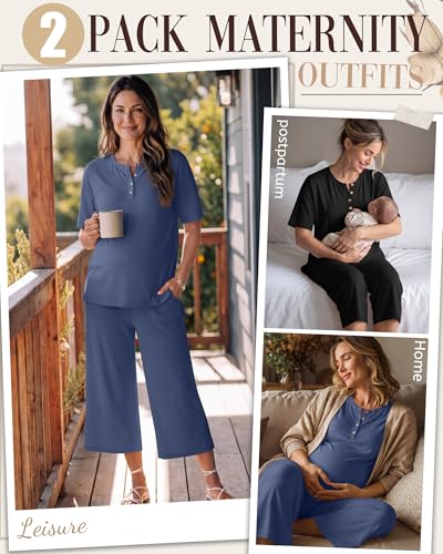 2 Pack Maternity Lounge Outfits - color: Black, Haze Blue