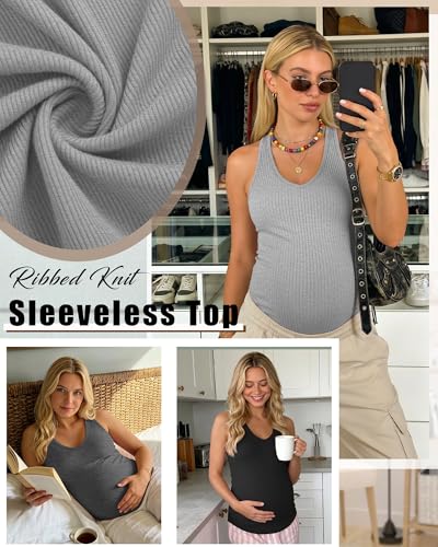3 Pack Maternity Tank Tops Ribbed V Neck - color: Light Gray, Dark Gray, Black, size: X-Large