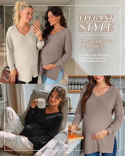 3 Pack Women Ribbed Maternity Sweaters Winter Clothes - color: Black, Apricot, Coffee, size: Large