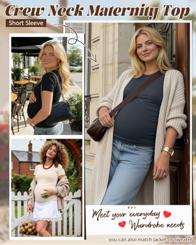 Huukeay 4 Pack Women's Short Sleeve Maternity Tops - color: Black, Dark Gray, Cream, Coffee, size: Medium