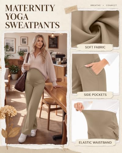 3 Pack Women's Maternity Yoga Pants with Pockets - color: Khaki, Coffee, Black, size: Large