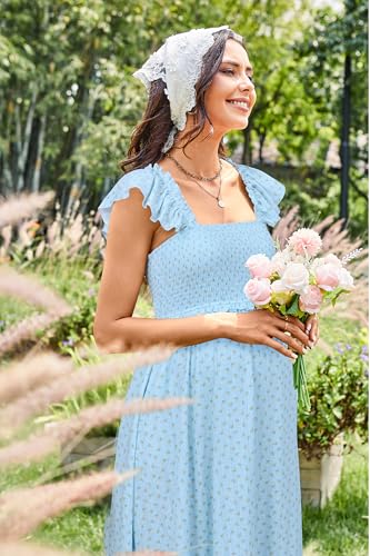 OUGES Women's Ruffle Sleeve Summer Baby Shower Maternity Photoshoot Dress - color: Light Blue Yellow Floral, size: Small