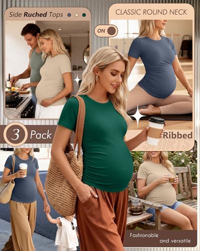 Ficerd 3 Pack Women's Short Sleeve Maternity Shirts - color: Jade Green, Hazy Blue, Khaki, size: Medium
