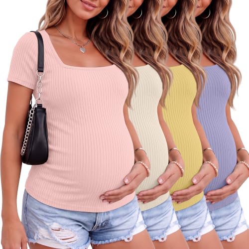 Ficerd 4 Pack Women's Maternity Shirts - color: Yellow, Apricot, Light Pink, Purple, size: Small