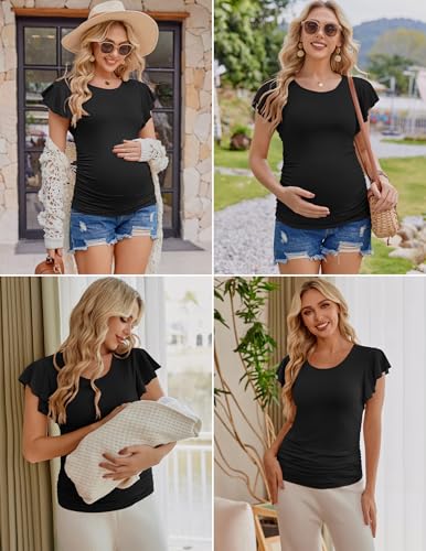 Ekouaer Maternity Shirts 3 Pack Flying Short Sleeve Tops Pregnancy Clothes - color: Dark Grey / Black / Light Grey(3pcs), size: Small