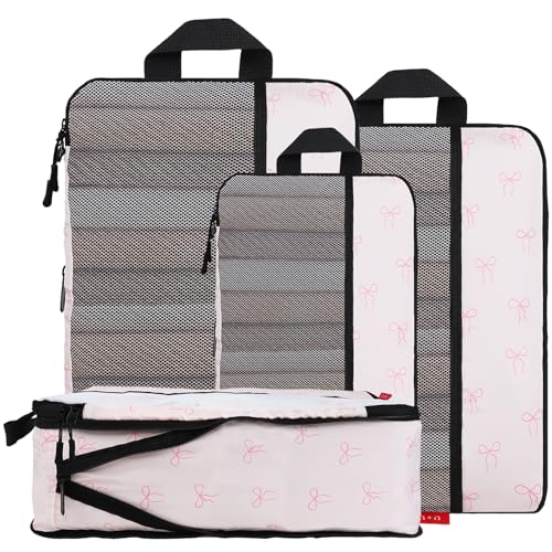 U+U 4 Set Compression Packing Cubes, Travel Organizers (Pink Bow) - color: Pink Bow, size: 4 Set