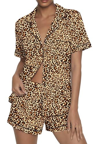 Ekouaer Womens Pajama Sets Button Up Pjs 2 Piece Short Sleeve Sleepwear - color: Brown Leopard, size: Small