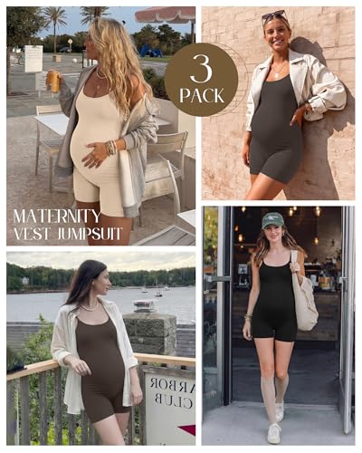3 Pack Women's Maternity Jumpsuit Shorts - color: Apricot, Brown, Black, size: Large