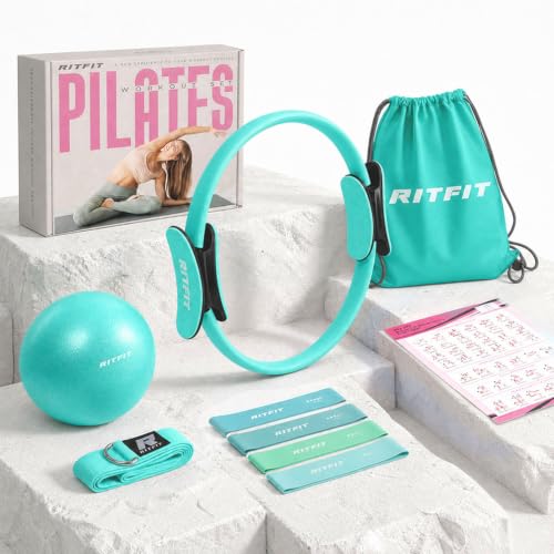 RitFit Pilates kit, 14" Pilates Ring with Pilates Ball & Resistance Bands - color: Cyan
