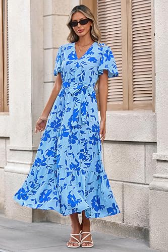 MASCOMODA Womens Summer Swiss Dot Maxi Dresses Wrap Boho Floral Long Dress - color: F-blue, size: Medium