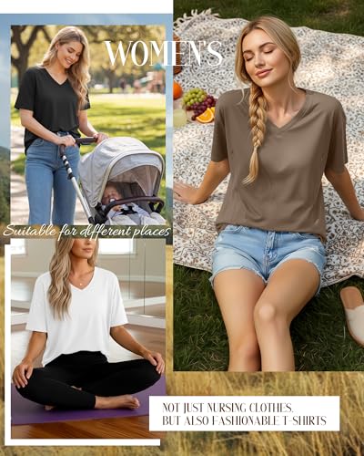 4 Pack Women's Oversize Nursing Tops - color: Light Brown, White, Light Gray, Black, size: Medium