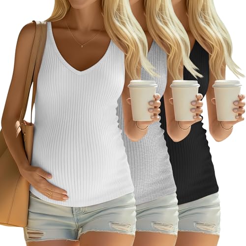3 Pack Maternity Tank Tops Ribbed V Neck - color: Black, Light Gray, White, size: XX-Large