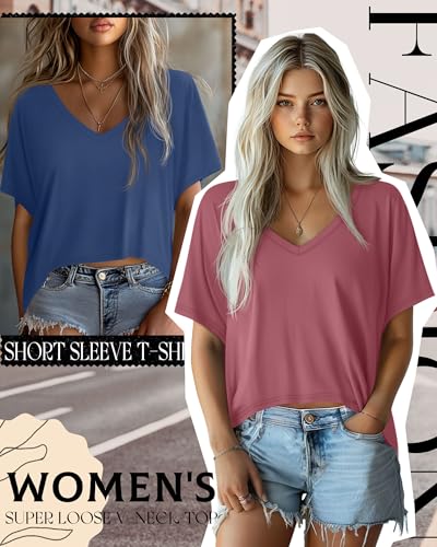 Huukeay 3 Pack Women's Oversized V Neck T Shirts - color: Berry, Dark Green, Hazy Blue, size: Medium