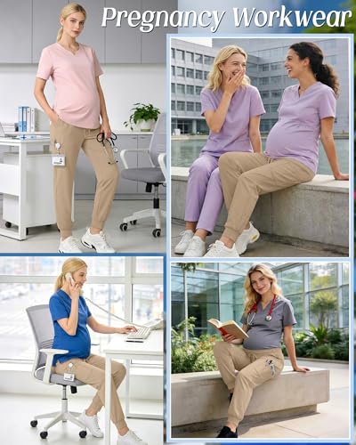 Xaatren Women's Maternity Scrub Joggers Pants with 6 Pockets - color: Apricot, size: Medium