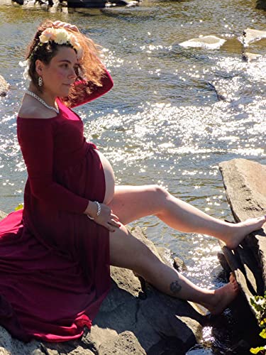 YnimioAOX Maternity Photoshoot Dress Off Shoulder Long Sleeve - color: Burgundy