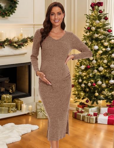 LAHILO Long Sleeve Maternity Sweater Dress for Fall Winter Baby Shower - color: Camel, size: Small