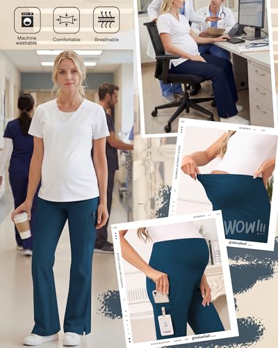 2 Pack Women's Maternity Wide Leg Cargo Scrub Pants - color: Emerald Green, Navy Blue, size: Medium