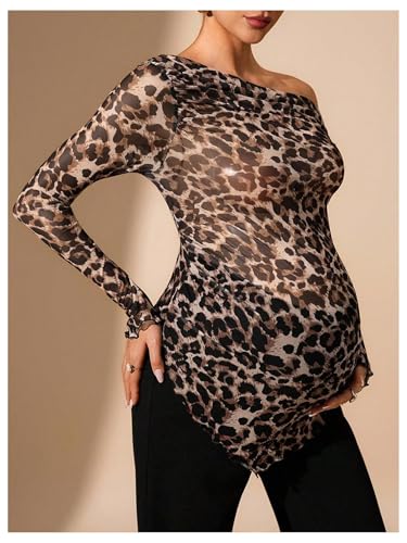 WDIRARA Women's Maternity Shirts Leopard Off The Shoulder Tops Long Sleeve Pregnancy Tee Shirts - size: X-Large