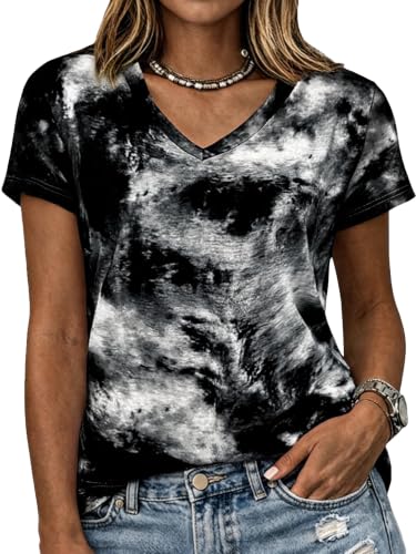 Flamingals Womens Short Sleeve V Neck Summer Tops - color: Black Multi, size: Large
