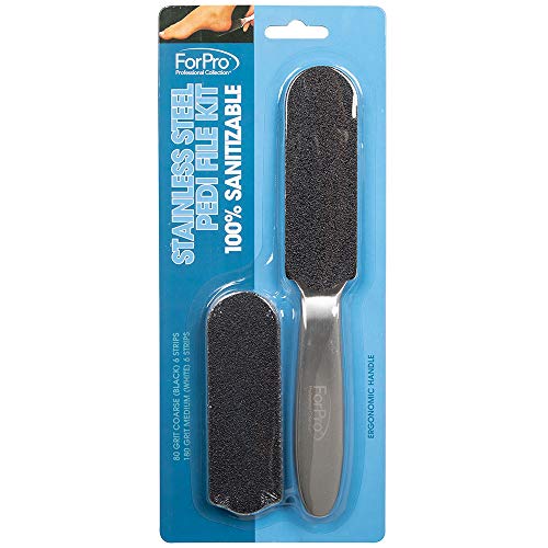 ForPro Professional Collection Stainless Steel Pedi File Kit - 100% Sanitizable Pedicure File for Heels and Feet - Includes Six Black 80 Grit and Six White 180 Grit Refill Strips- 8.5" L - size: 12 Count (Pack of 1)