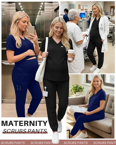 Oakgarden 2 Pack Women's Maternity Scrub Pants Pregnancy Scrubs - color: Black, Navy Blue, size: Medium