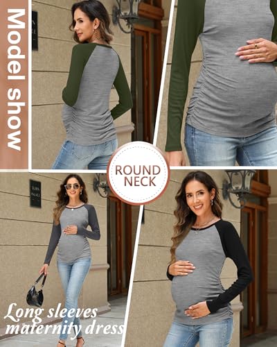 Neer 3 Pack Maternity Long Sleeve Shirts Ribbed Pregnancy Tops - color: Black, Dark Gray, Army Green, size: Large