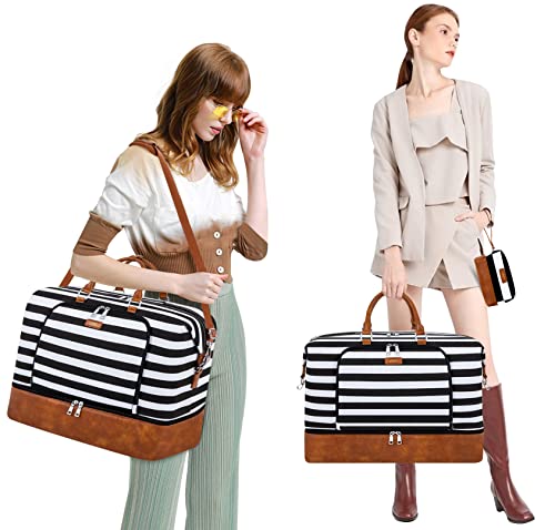 TIBES Travel Weekender Bag for Women, Overnight Bag with Shoe Compartment - color: L-Black & White Strips