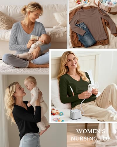 4 Pack Women's Long Sleeve Nursing Maternity Shirts - color: Black, Light Gray, Mocha, Army Green, size: Small