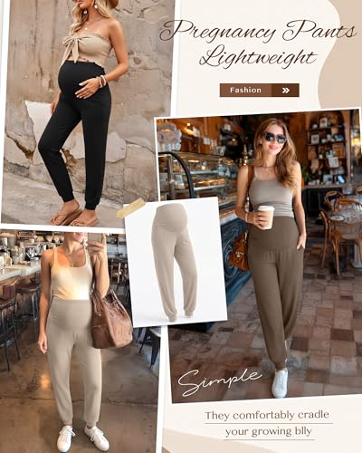 3 Pack Women's Maternity Pants Pregnancy Joggers - color: Apricot, Light Brown, Black, size: Small