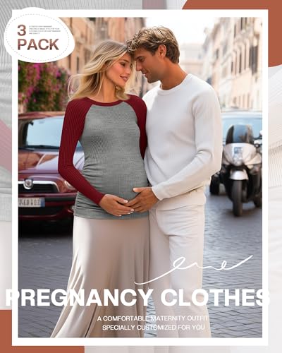 Neer 3 Pack Maternity Long Sleeve Shirts Ribbed Pregnancy Tops - color: Black, Navy Blue, Wine Red, size: Large