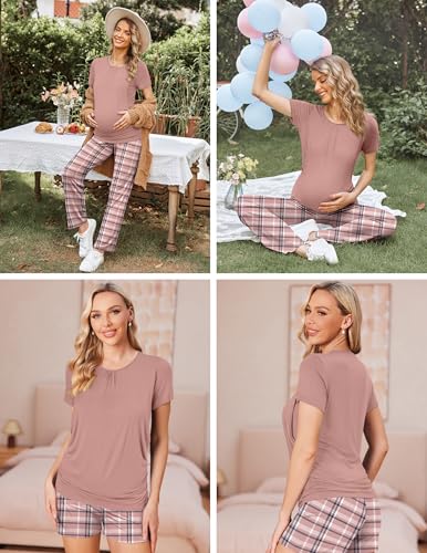 Ekouaer Maternity Nursing Pajamas Set 3 Piece Postpartum Breastfeeding Pjs - color: Pink Plaid, size: Medium