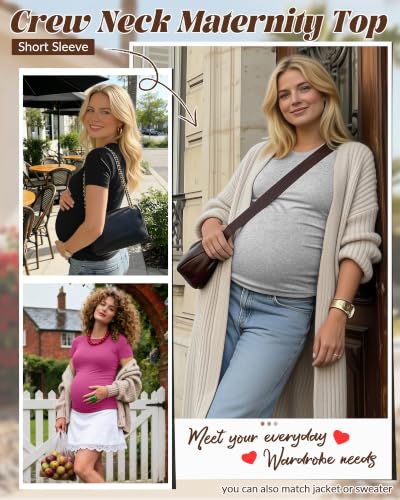 Huukeay 4 Pack Women's Short Sleeve Maternity Tops - color: Rose Pink, Cream, Light Heather Gray, Black, size: Small
