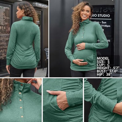 Bhome Maternity Shirt Casual Long Sleeve Half Button Front Lightweight Sweatshirts Slim Fit Pullover Tops with Pockets - color: Green, size: Medium