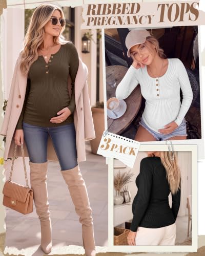 Huukeay 3 Pack Womens Maternity Long Sleeve Shirts Pregnancy Top - color: Coffee, White, Black, size: Medium