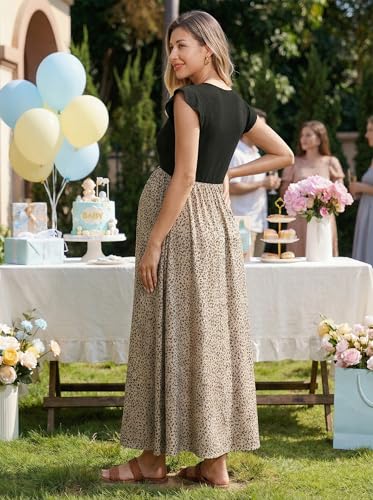 OUGES Women's Ruffle Sleeve Patchwork Maternity Maxi Dress with Pockets - color: Khaki Leopard, size: Small