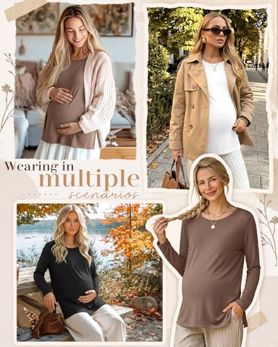 Riyiper 3 Pack Women Maternity Shirts Long Sleeve Pregnancy Tops - color: Black,coffee, White, size: Large