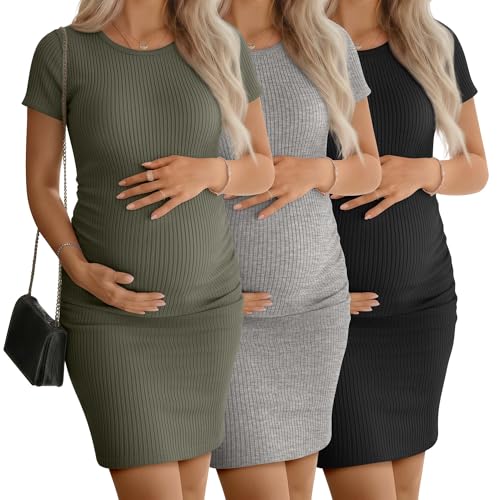 3 Pack Women's Cotton Maternity Dresses - color: Army Green, Light Mixed Gray, Black, size: XX-Large