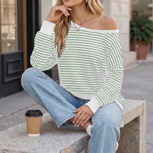 Fall Tops for Women 2026 off Shoulder Striped Top Long Sleeve Pullover Tops - color: Green, size: Small