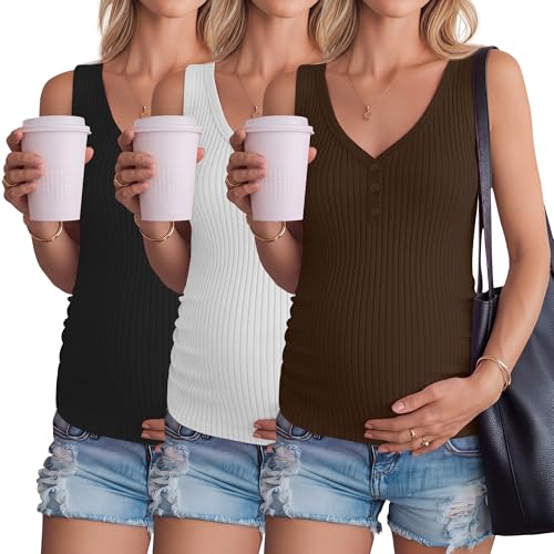 3 Pack Women Maternity Henley Tank Tops - color: Black, White, Coffee, size: X-Large