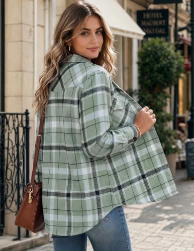 Zeagoo Flannel Shirt Women Plaid Button Down Shackets Long Sleeve Fall Tops - color: Light Green-gw297, size: X-Large