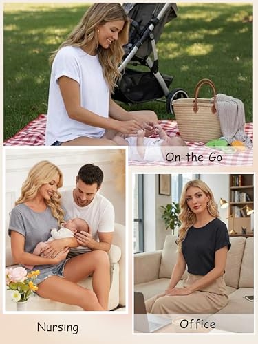 Ecavus 3 Pack Women's Nursing Shirts for Breastfeeding with Hidden Zipper - color: White+grey+black, size: Medium