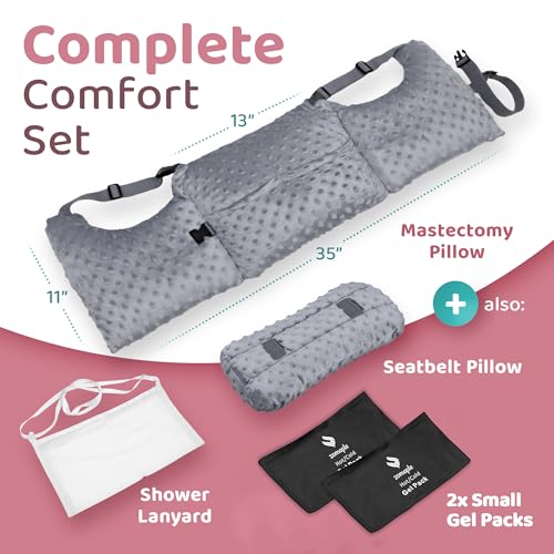 Zomaple 5pc Mastectomy Pillow - Strap, GelPacks, Seat Belt Cover & Lanyard - color: Dark Grey, style: Rectangular Gelpacks