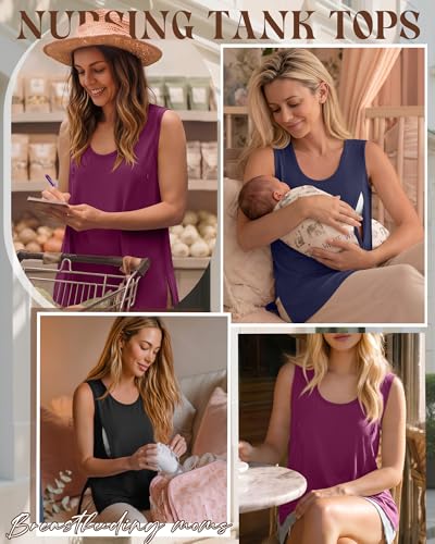 Ficerd 3 Pack Women's Oversized Nursing Tank Tops with Zipper - color: Fuchsia, Black, Navy Blue, size: Medium