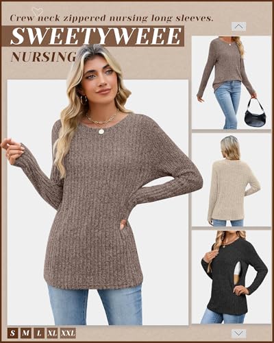 3 Pack Maternity Nursing Ribbed Long Sleeve Tops - color: Black, Apricot, Coffee, size: X-Large
