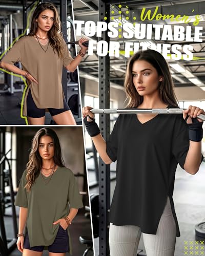 4 Pack Women's Oversized V Neck Shirts - color: Black, Light Heather Gray, Army Green, Coffee, size: X-Large