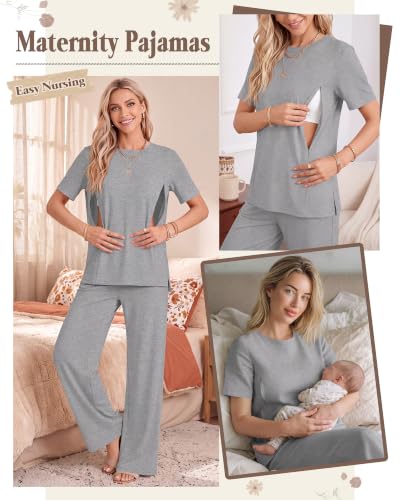 2Pc Postpartum Nursing Pajamas Set - color: Light Heather Gray, size: X-Large