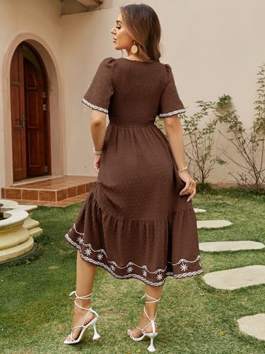 Glamaker Women's Short Sleeve Smocked Square Neck A Line Summer Flowy Maxi Long Dress - color: 01-brown, size: Medium